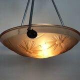 Lustre degue, suspension vasque art déco un feu, en pâte de verre rose, signé degué