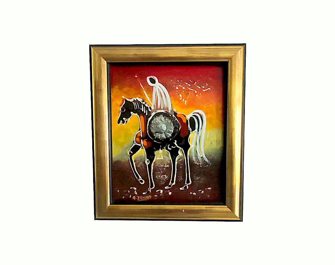 Painting signed A. ZENATI (Abderrahmane, 1943) – Oil on wood panel – Cavalier Fantasia