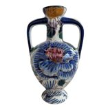 Gien earthenware vase, Peony model, vintage, polychrome floral decoration