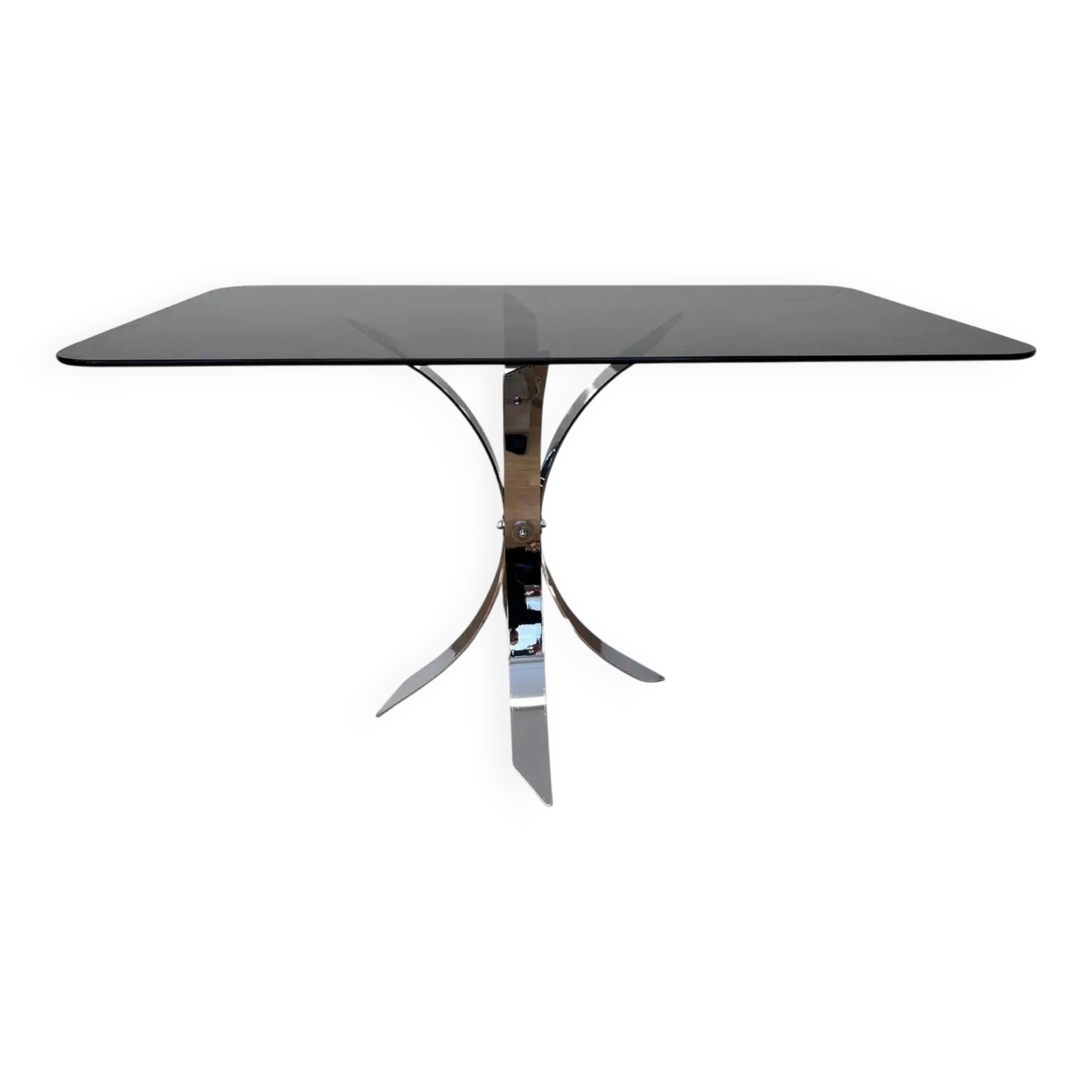 1970s Mid-century steel chrome and smoked glass dining table