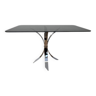 1970s Mid-century steel chrome and smoked glass dining table