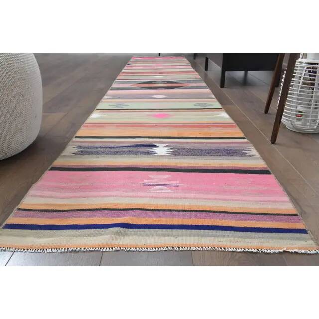 Vintage Turkish Hand-Knotted Wool Cotton Pink Runner Rug 72x398