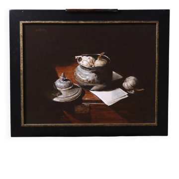 Still life with pewter pot and garlic – Marjolein van den Berg, c. 2011
