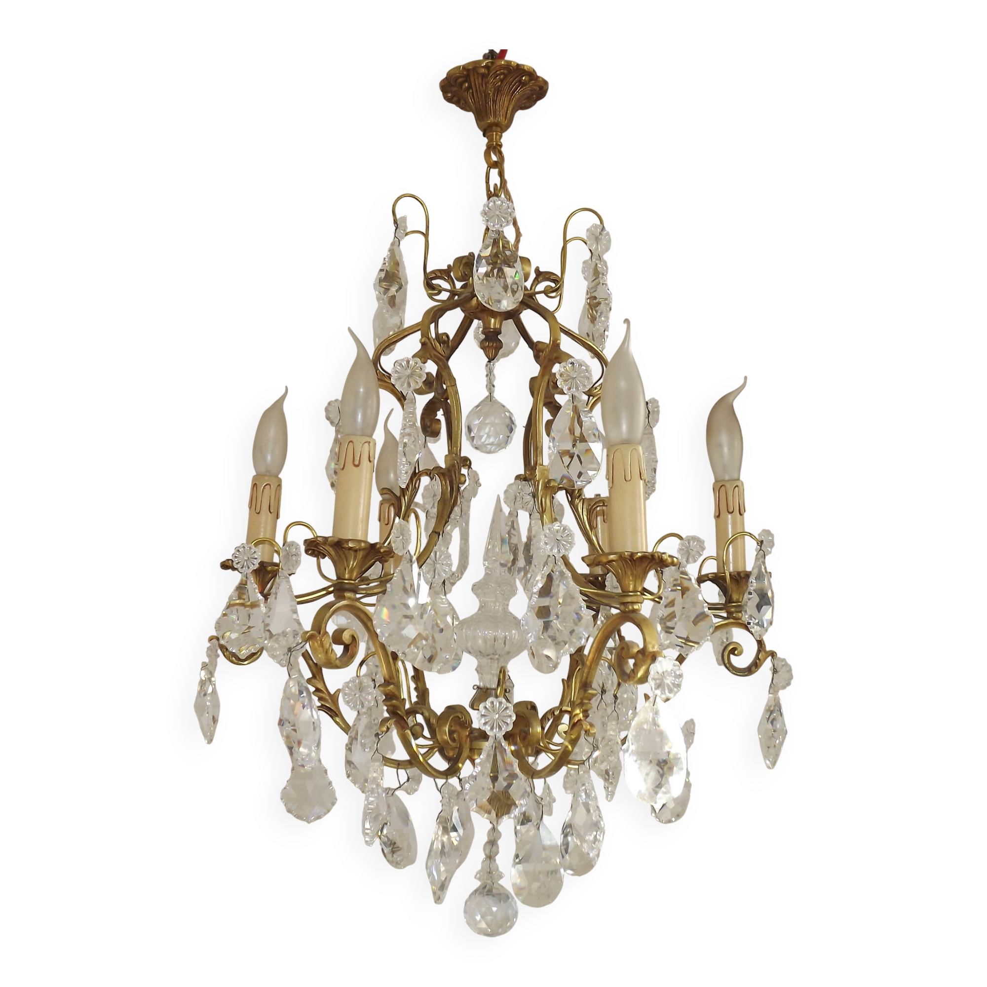 French Art Nouveau chandelier with 6 lights in bronze and crystal Acanthus 5552