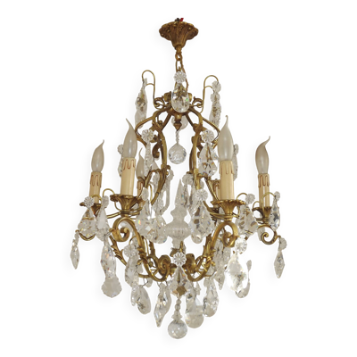 Lustre Art nouveau français à 6 lumières en bronze et cristal Acanthus 5552