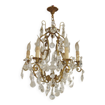 Lustre Art nouveau français à 6 lumières en bronze et cristal Acanthus 5552