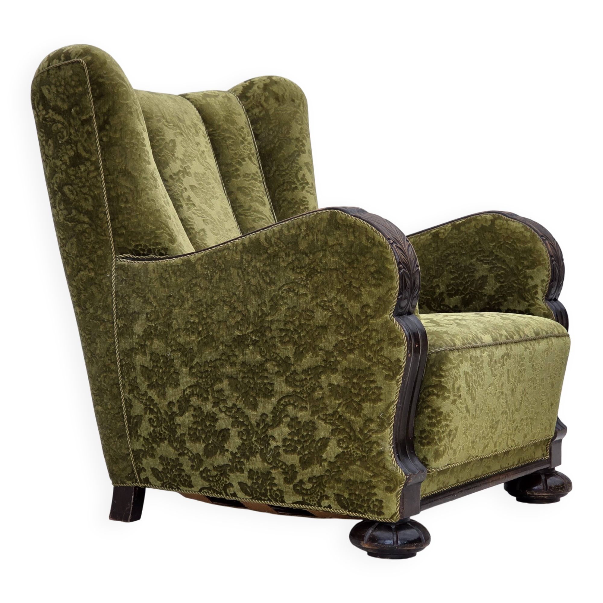 1950s, Danish relax chair. Furniture velour, oak wood,