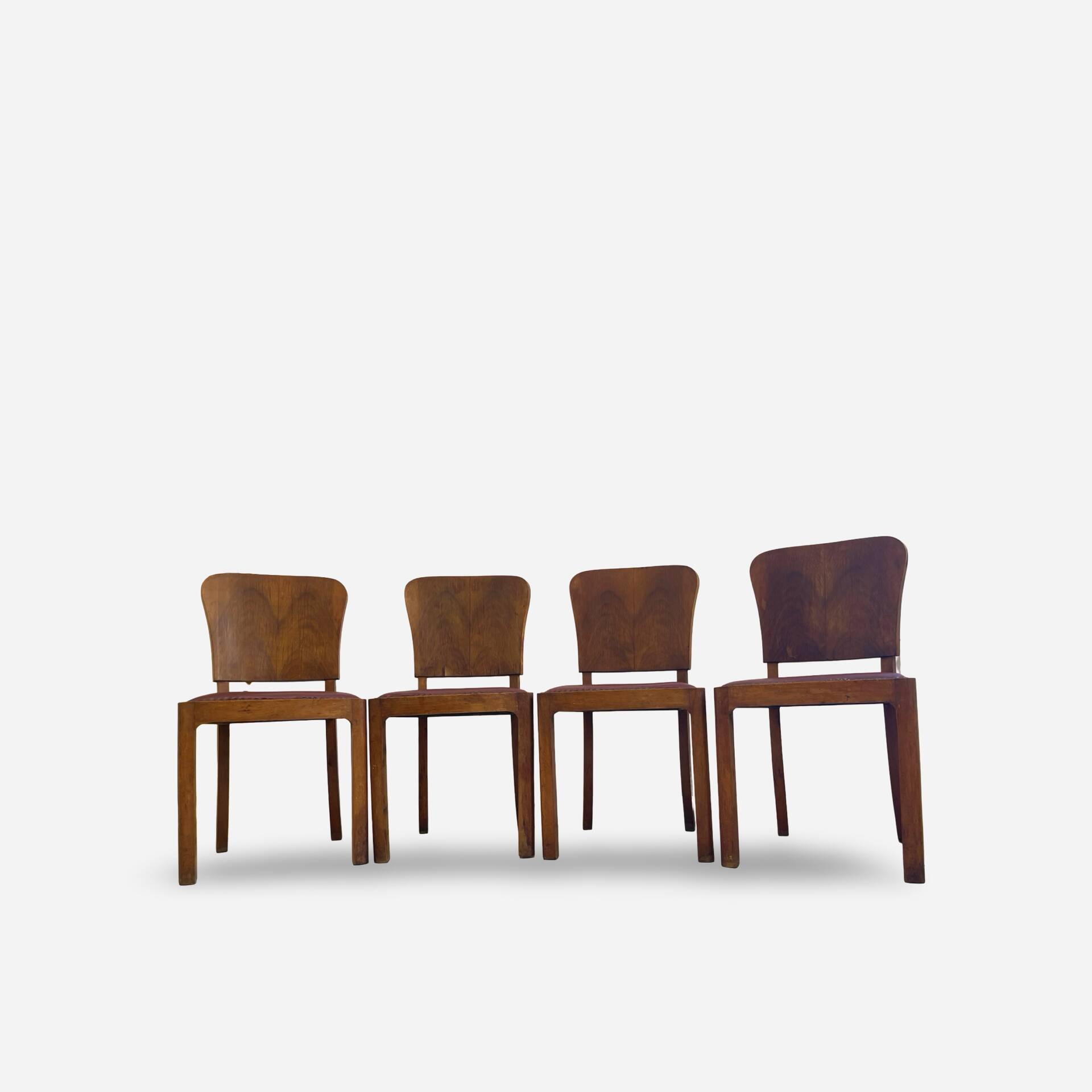 Set of 4 Art Deco dining chairs in walnut, Italy, 1930s-1940s.