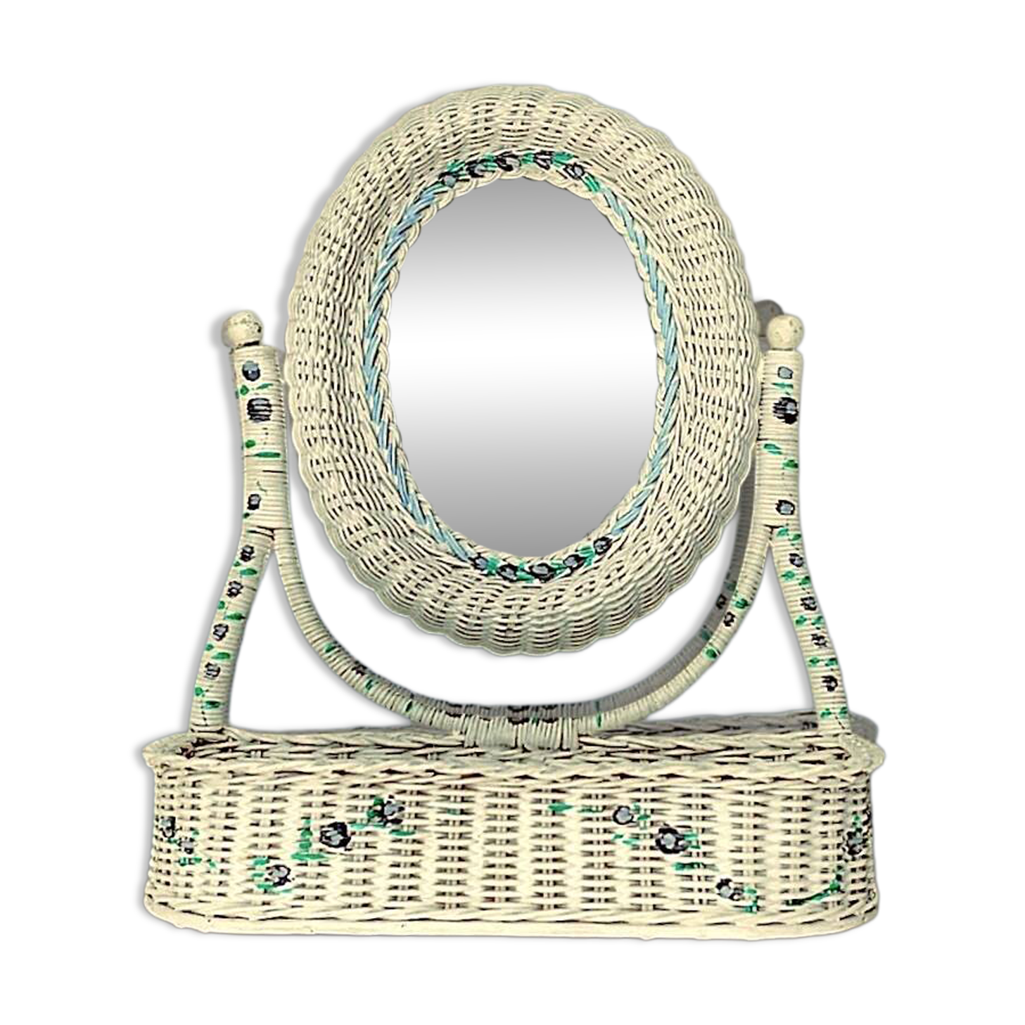 Off-white rattan vanity mirror – floral decoration – 1960s–1970s