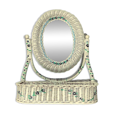 Miroir de vanité en rotin blanc cassé – décor floral – Années 1960–1970