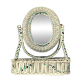 Off-white rattan vanity mirror – floral decoration – 1960s–1970s