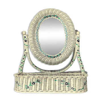 Miroir de vanité en rotin blanc cassé – décor floral – Années 1960–1970