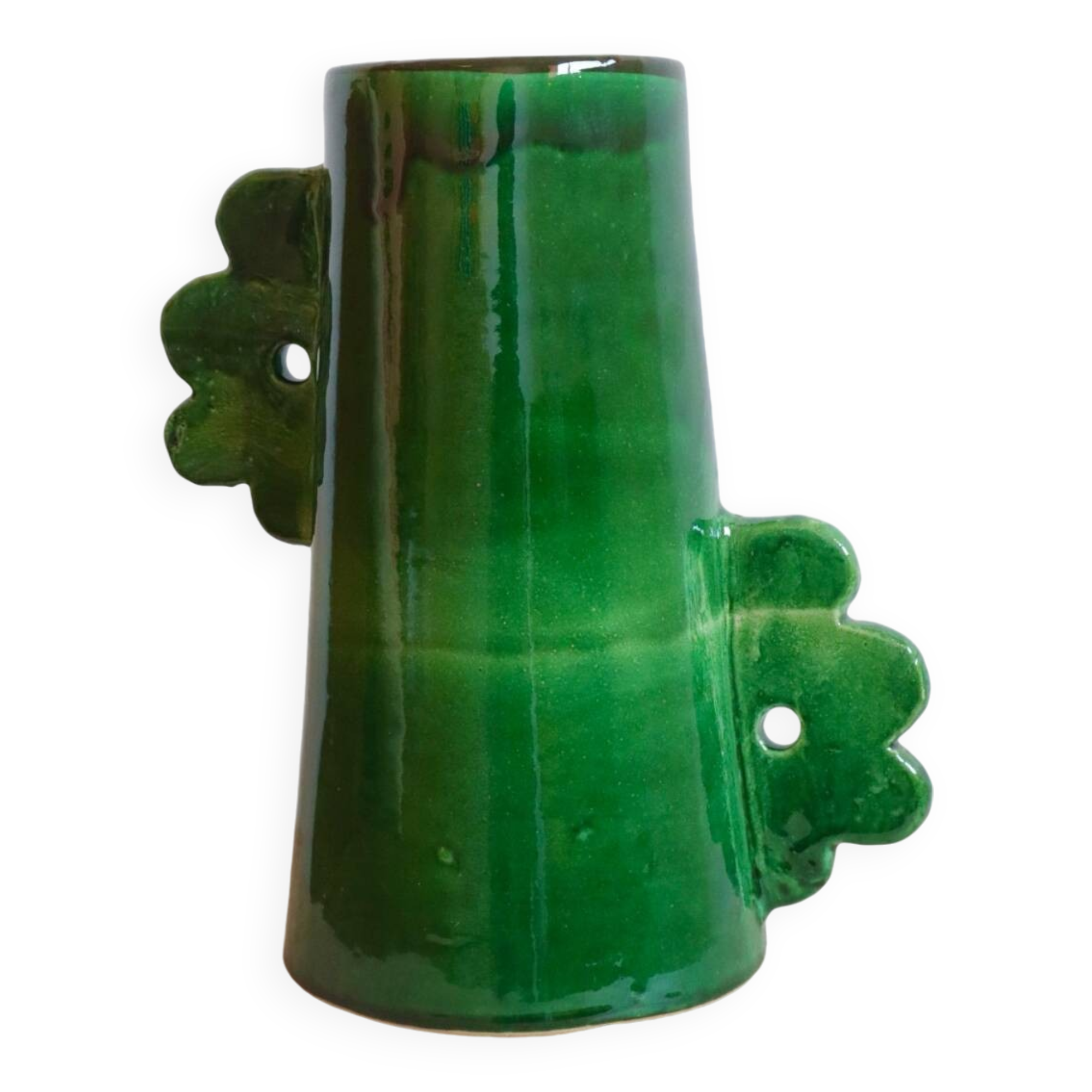 Handmade ceramic abstract vase with asymmetrical handles and fir green flowers