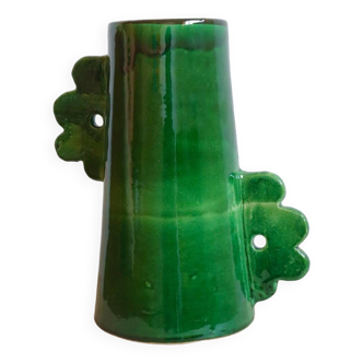 Vase abstrait en céramique fait main à anses asymétriques fleurie vert sapin