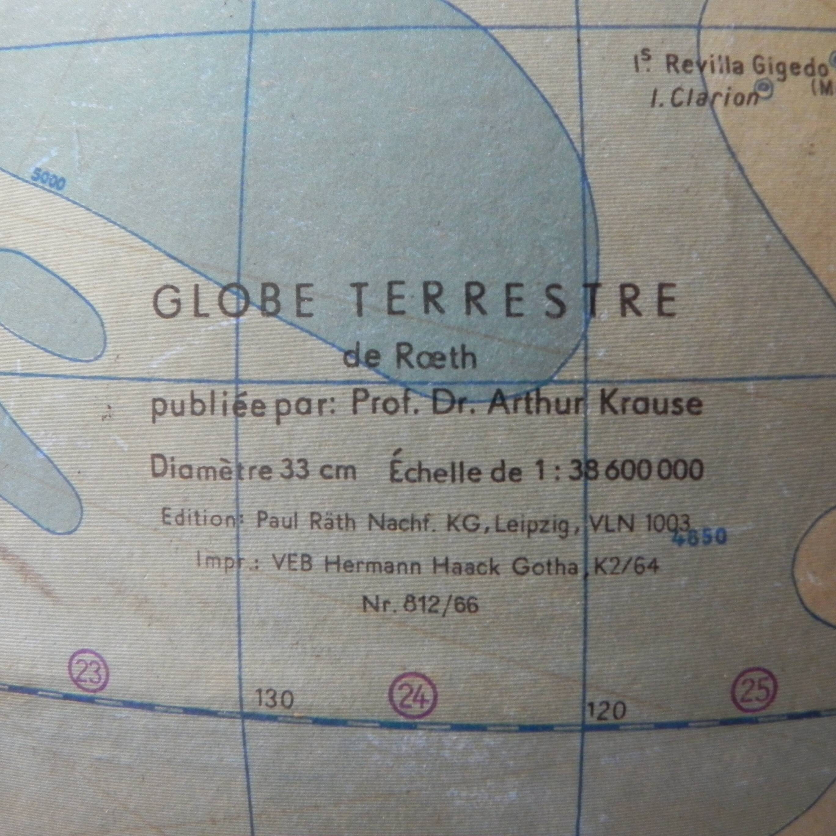 Paper mache globe on wooden base, 1960s