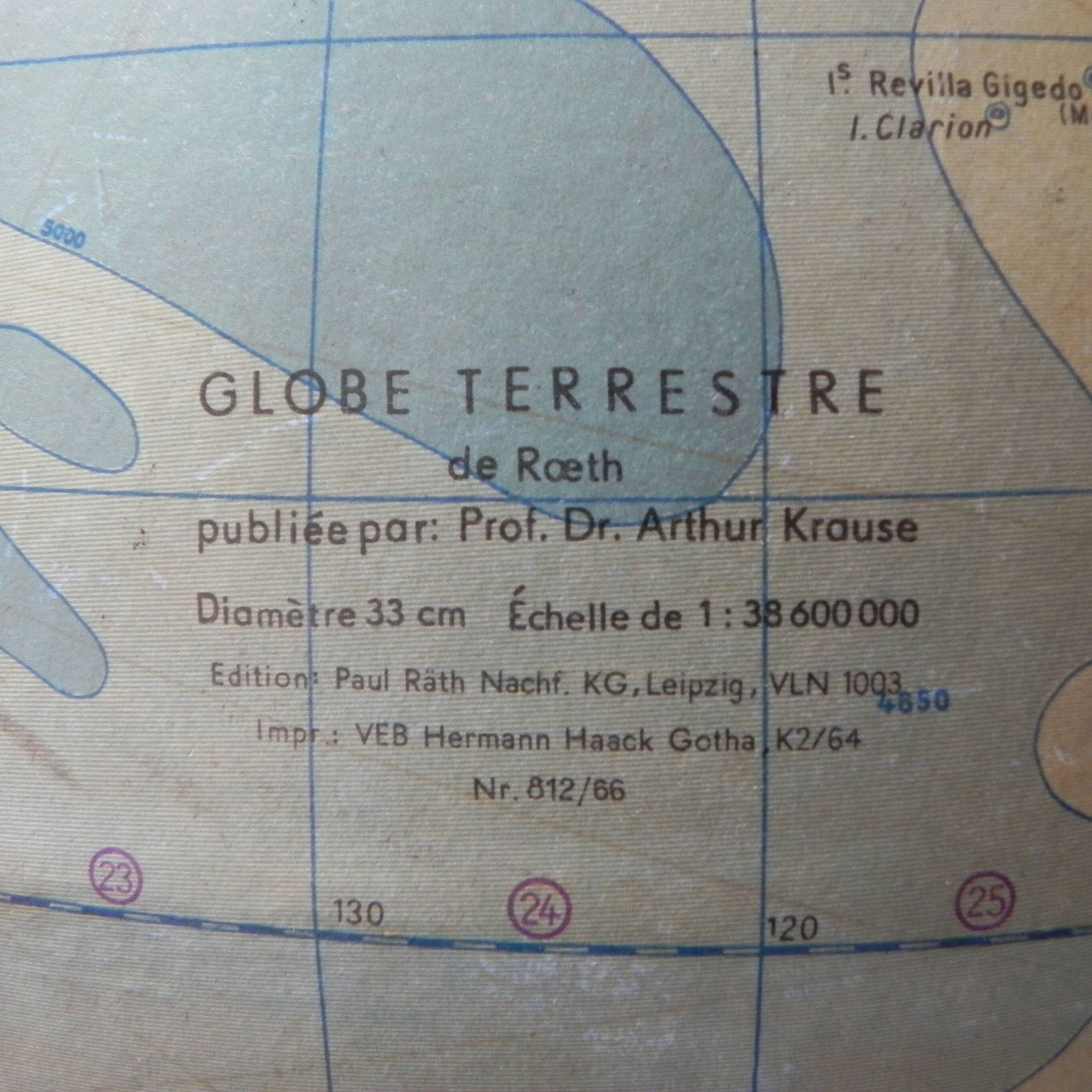 Paper mache globe on wooden base, 1960s