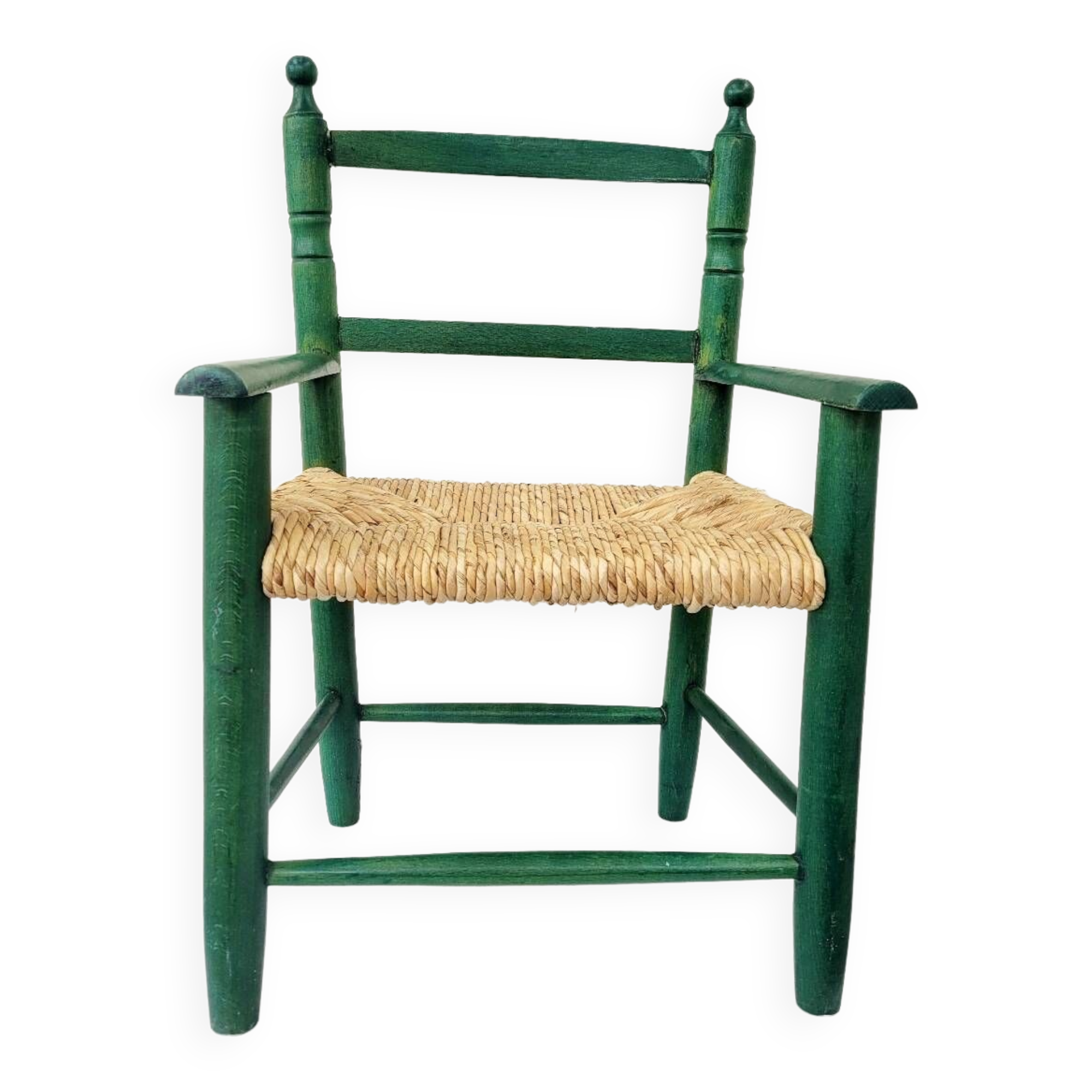 Small vintage children's chair in wood and green straw