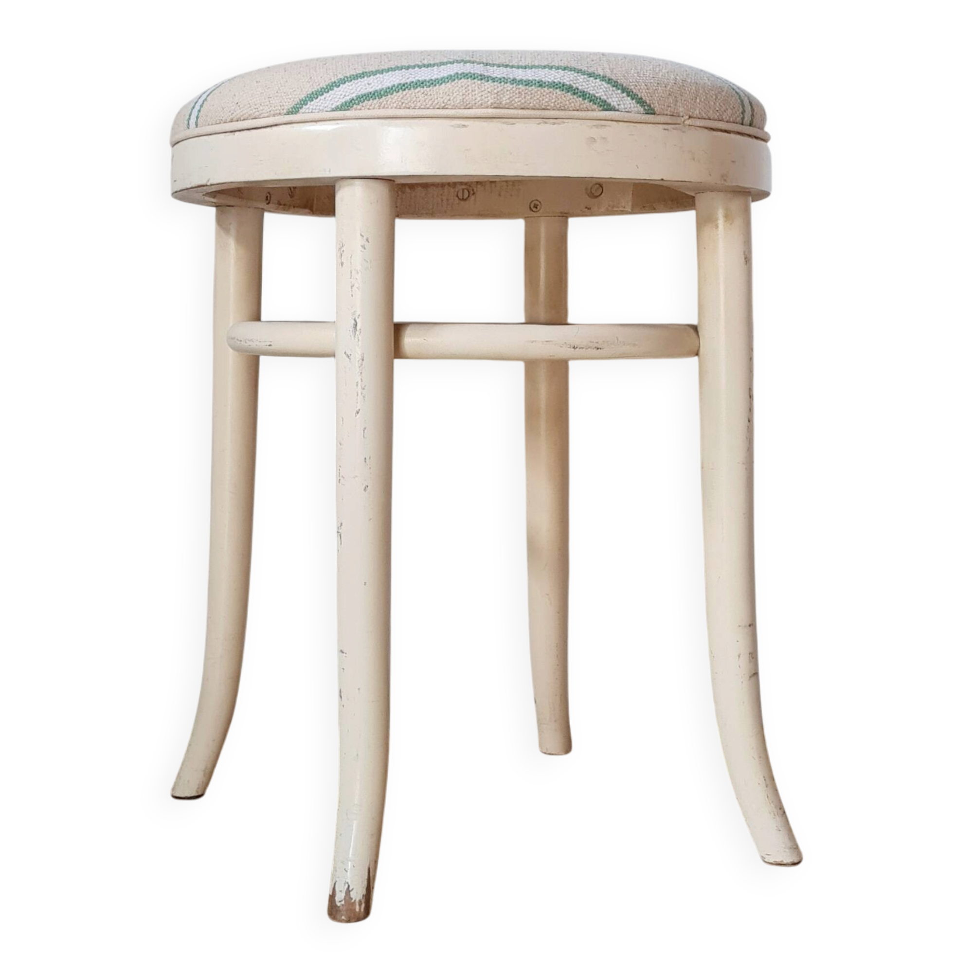 Vintage curved wooden stool in Baumann style, striped fabric seat.