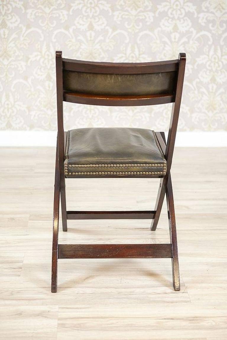 Vintage Walnut Folding Chair in Dark-Green Leather, 1950s