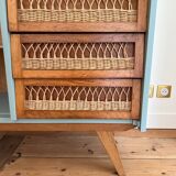 Oak and rattan wardrobe / chest of drawers