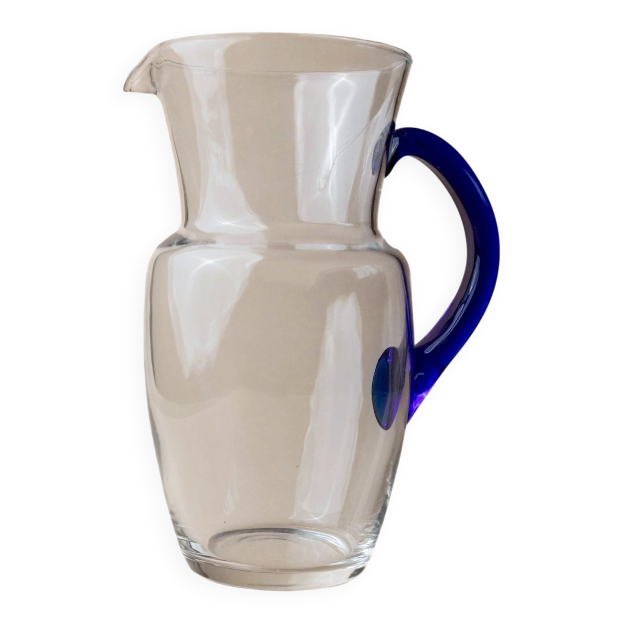 Vintage glass pitcher - clear glass with blue handle - Mid-Century design from Italy in the 1970s - elegant table decoration, retro gift idea.