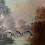 Mountain landscape with a bridge and a river 1930 by Moniery