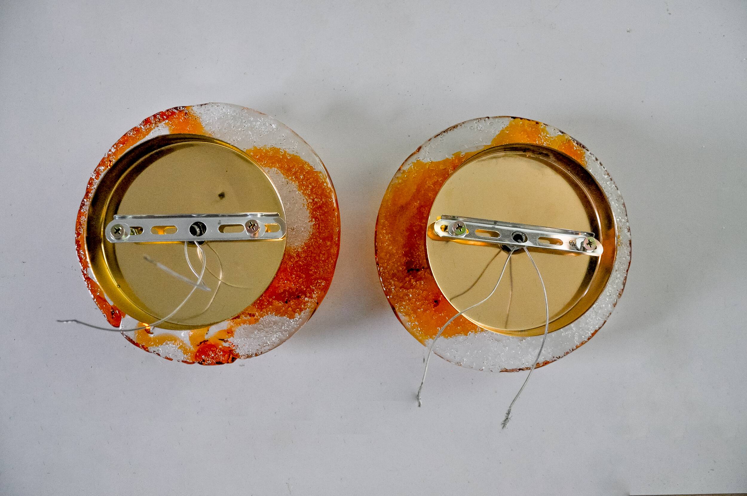 Pair of round wall lights by Murano Mazzega in orange frosted glass, Italy, 1970