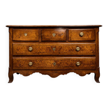 Louis XV style commode in walnut and burl.
