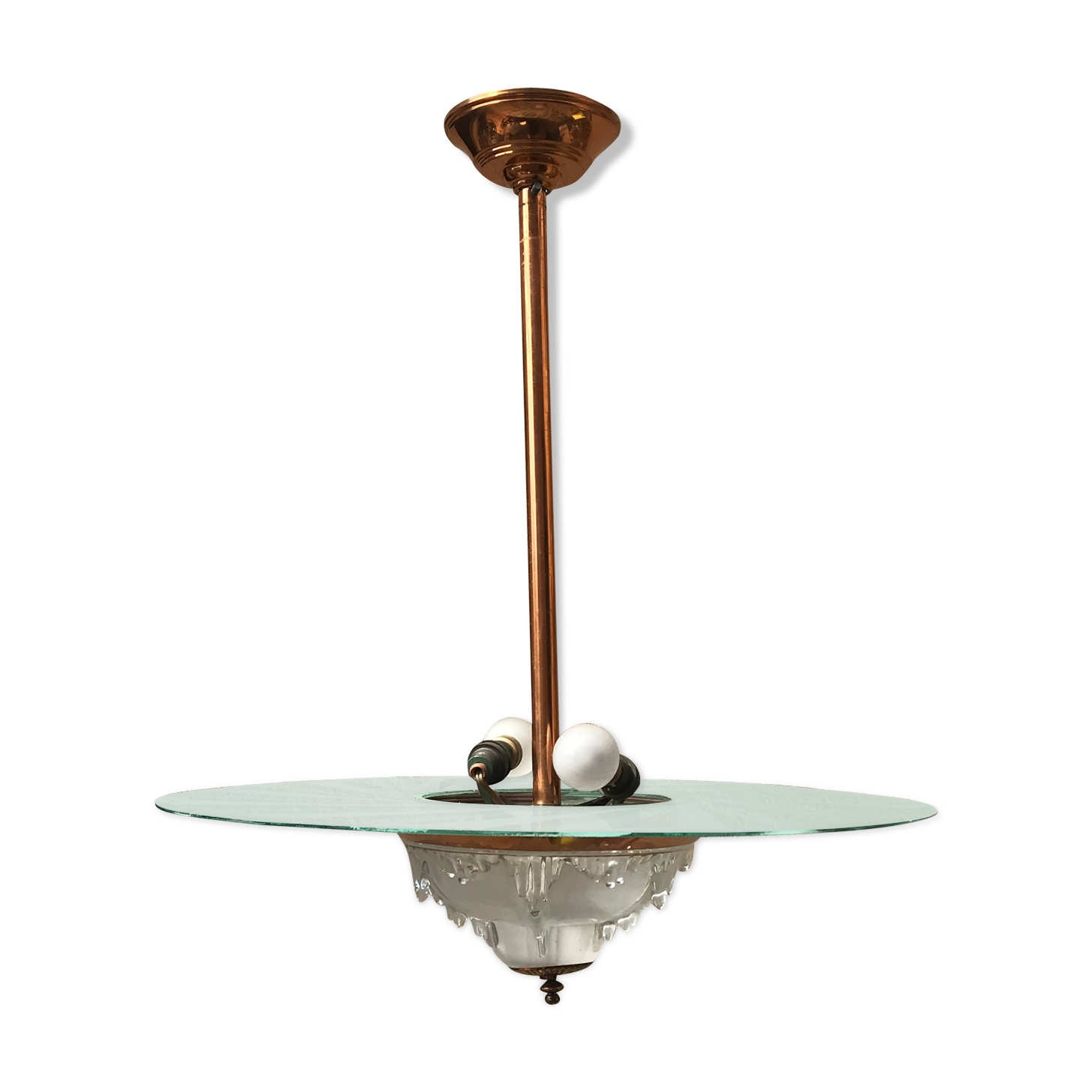 Copper and glass hanging lamp with his Ezan glass disc