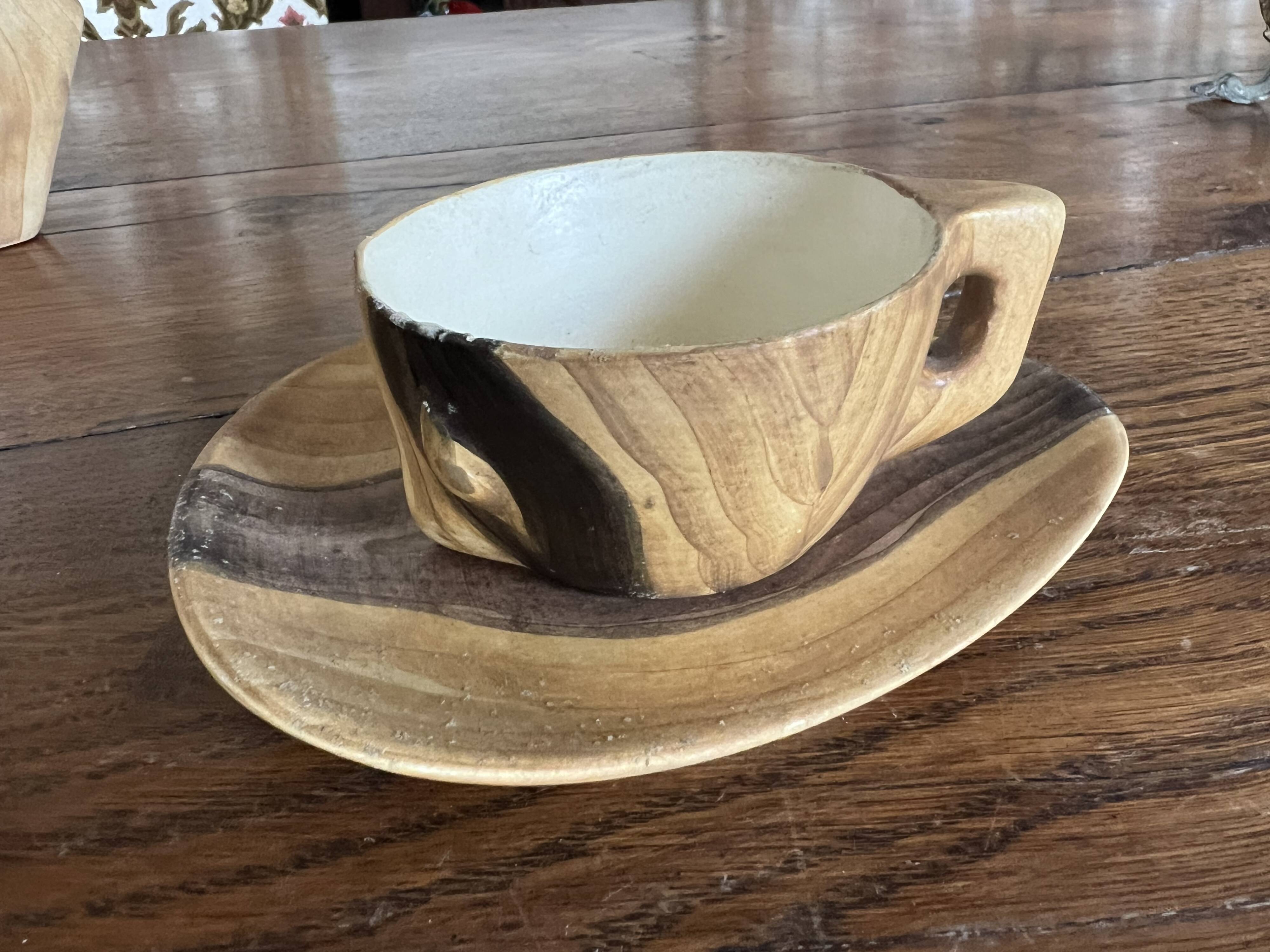 Wooden trompe-l'oeil coffee service – signed Vallauris Grandjean-Jourdan