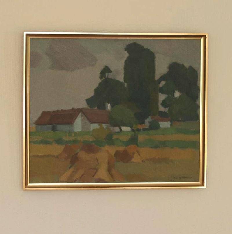 Mid Century Swedish Oil on Canvas – “Village” by Richard Björklund