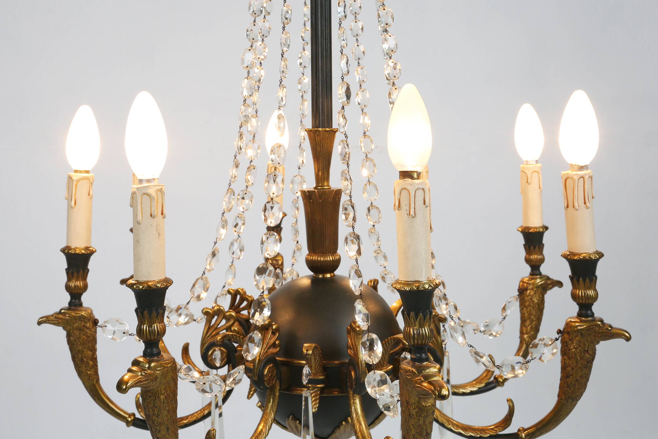Impressive set of a large bronze Empire Chandelier with 2 wall lights, Belgium ca. 1950