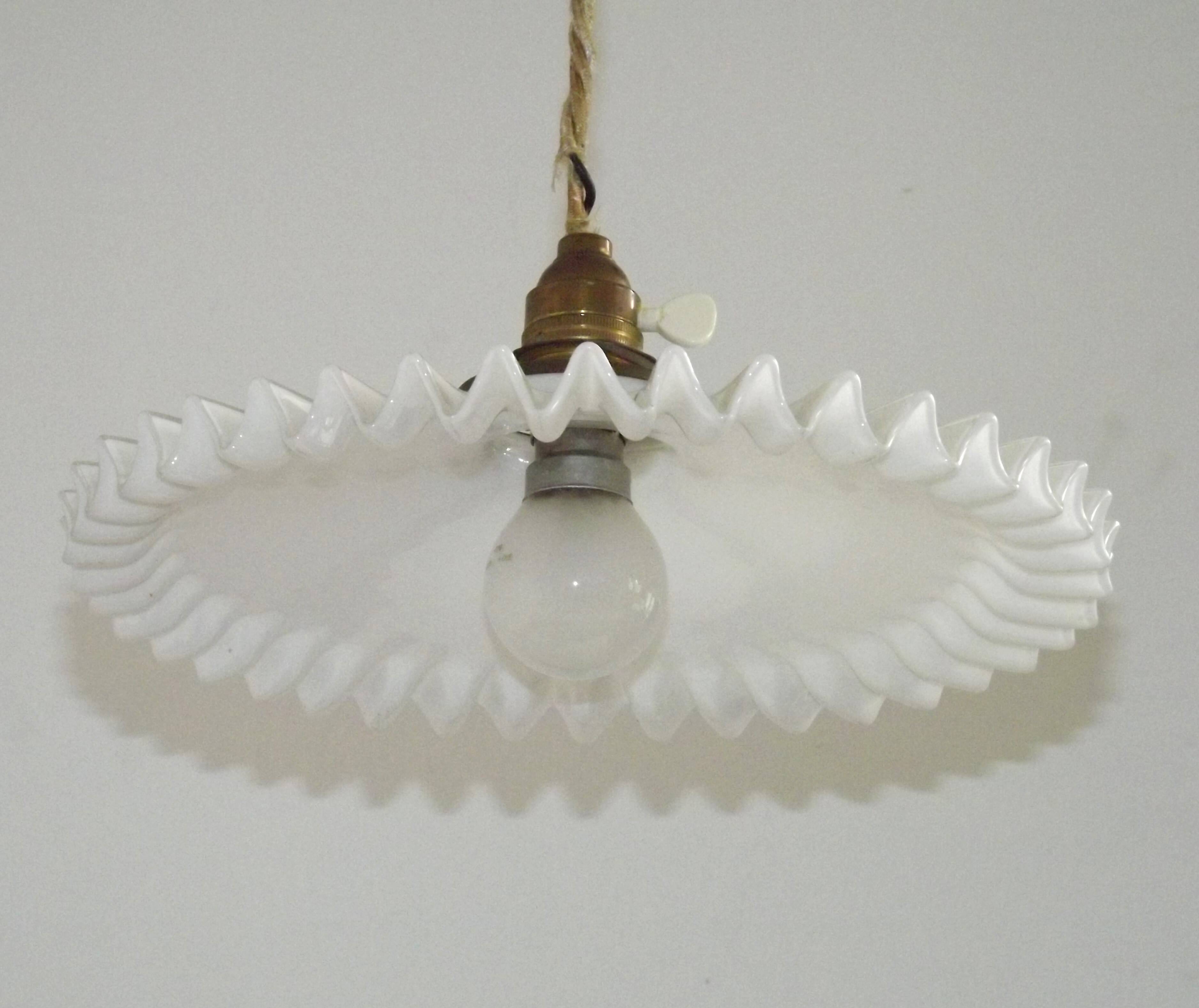Vintage French Rise & Fall Counterbalance Ceiling Light Opaline Glass Shade
