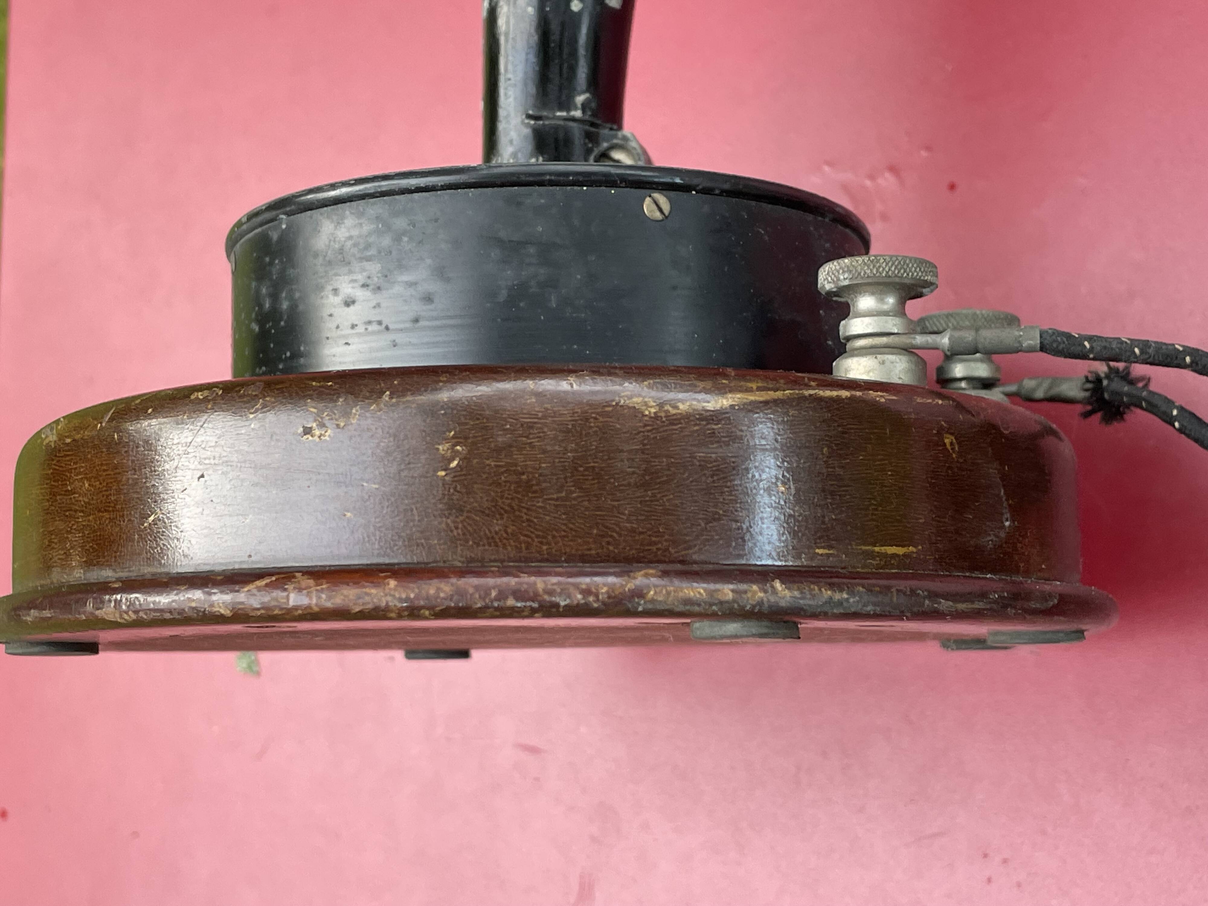 Brown, antique speaker, aluminum horn and wood, gooseneck