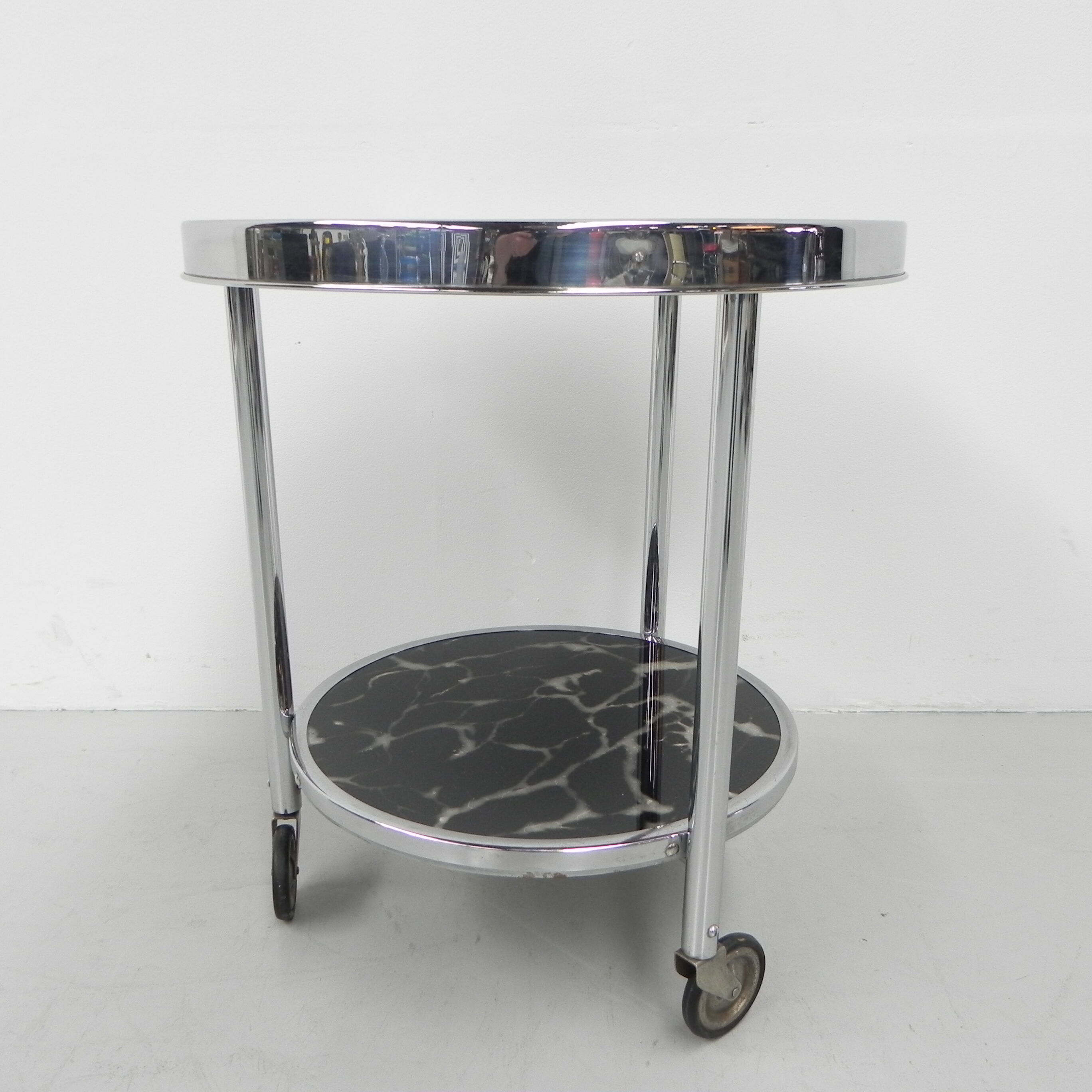 Art deco coffee table in bauhaus style with 2 glass tops and castors