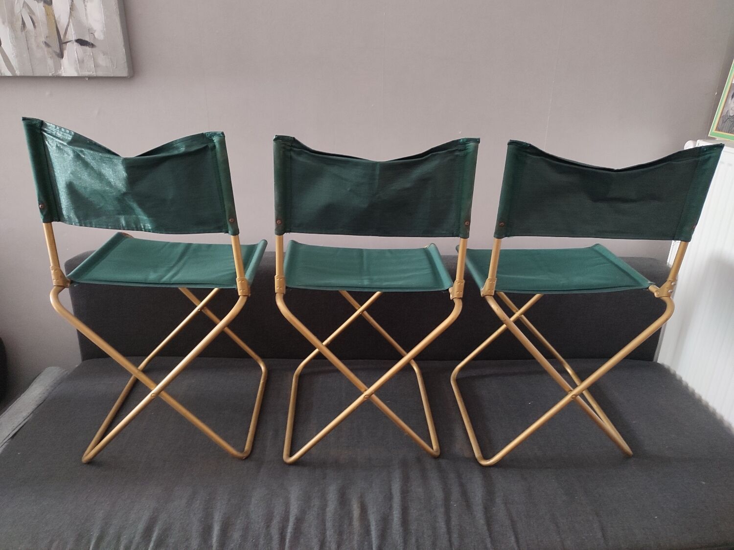 3 folding Lafuma green vintage camping seats