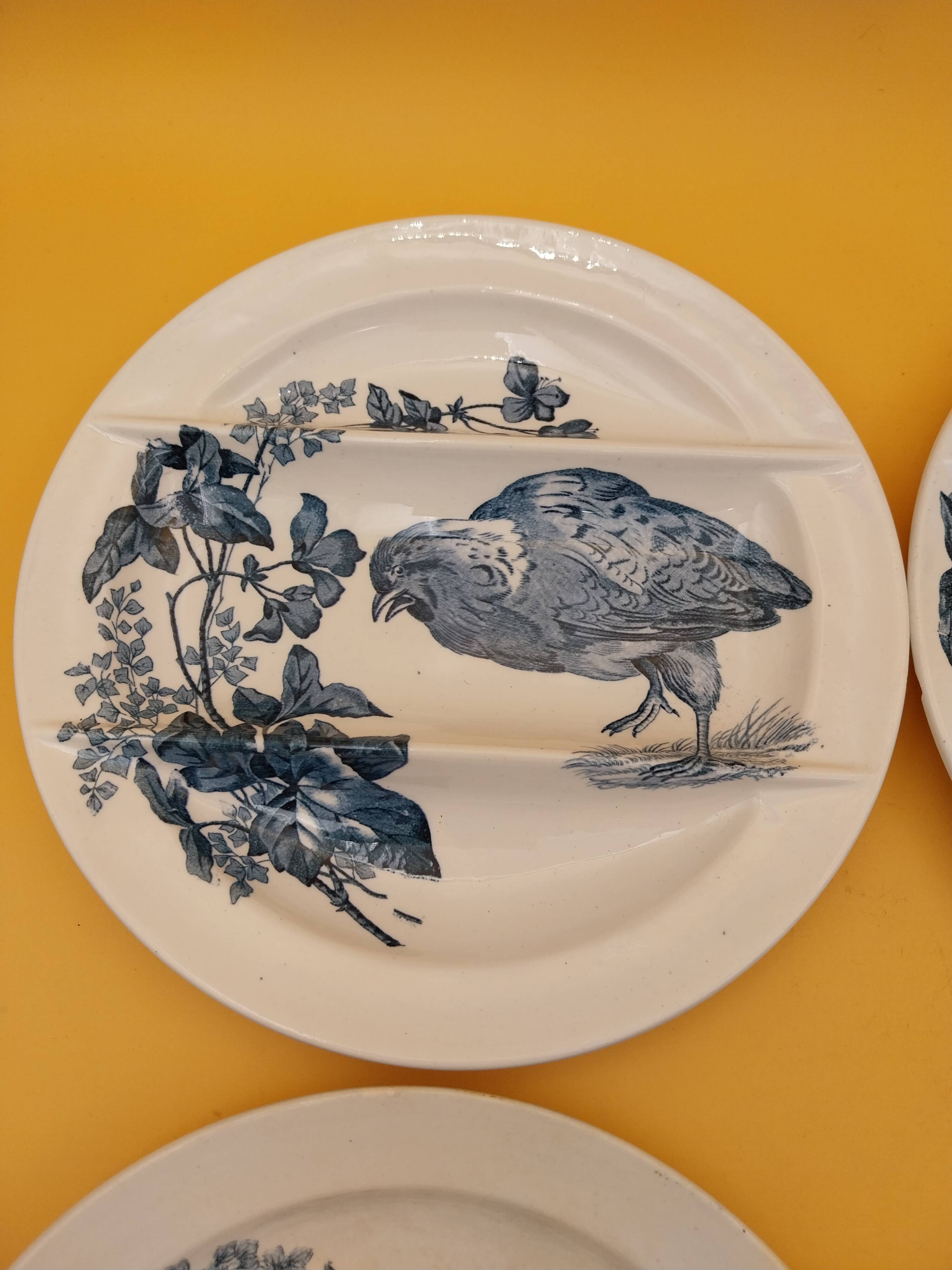 4 asparagus plates Longwy model Birds flowers blue decoration