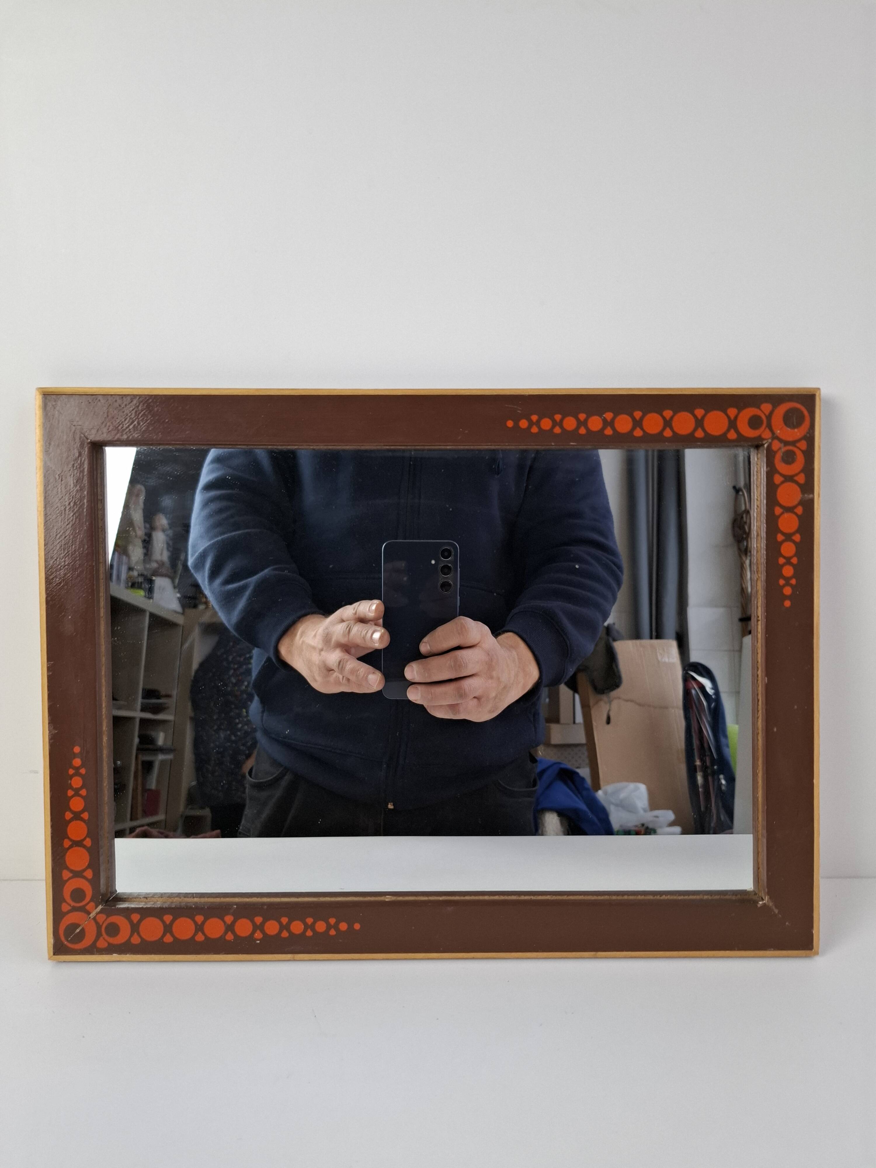 1960s Czechoslovak Mid-Century Wooden Mirror with Graphic Frame Detail