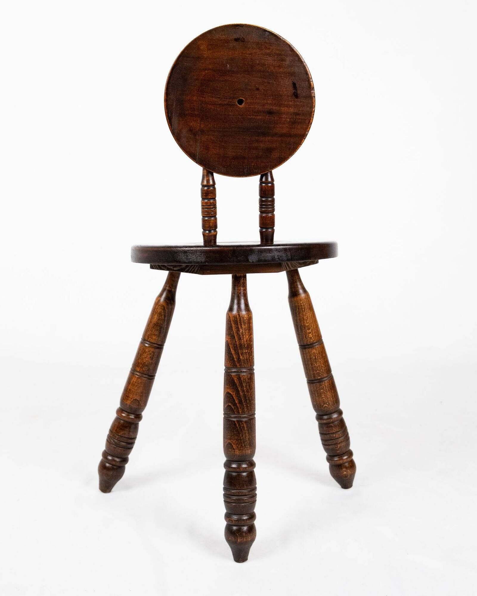 Low chair and turned wooden stool, Dudouyt style, France, 1940s