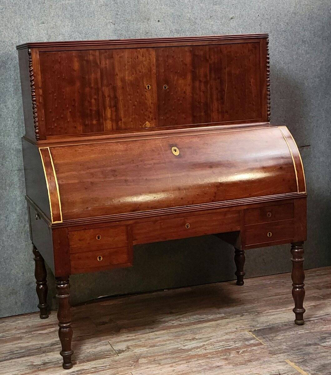 Parisian roll-top desk from the Charles X period in mottled mahogany