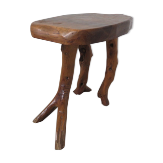 Tabouret brutaliste en bois d'olivier années 70