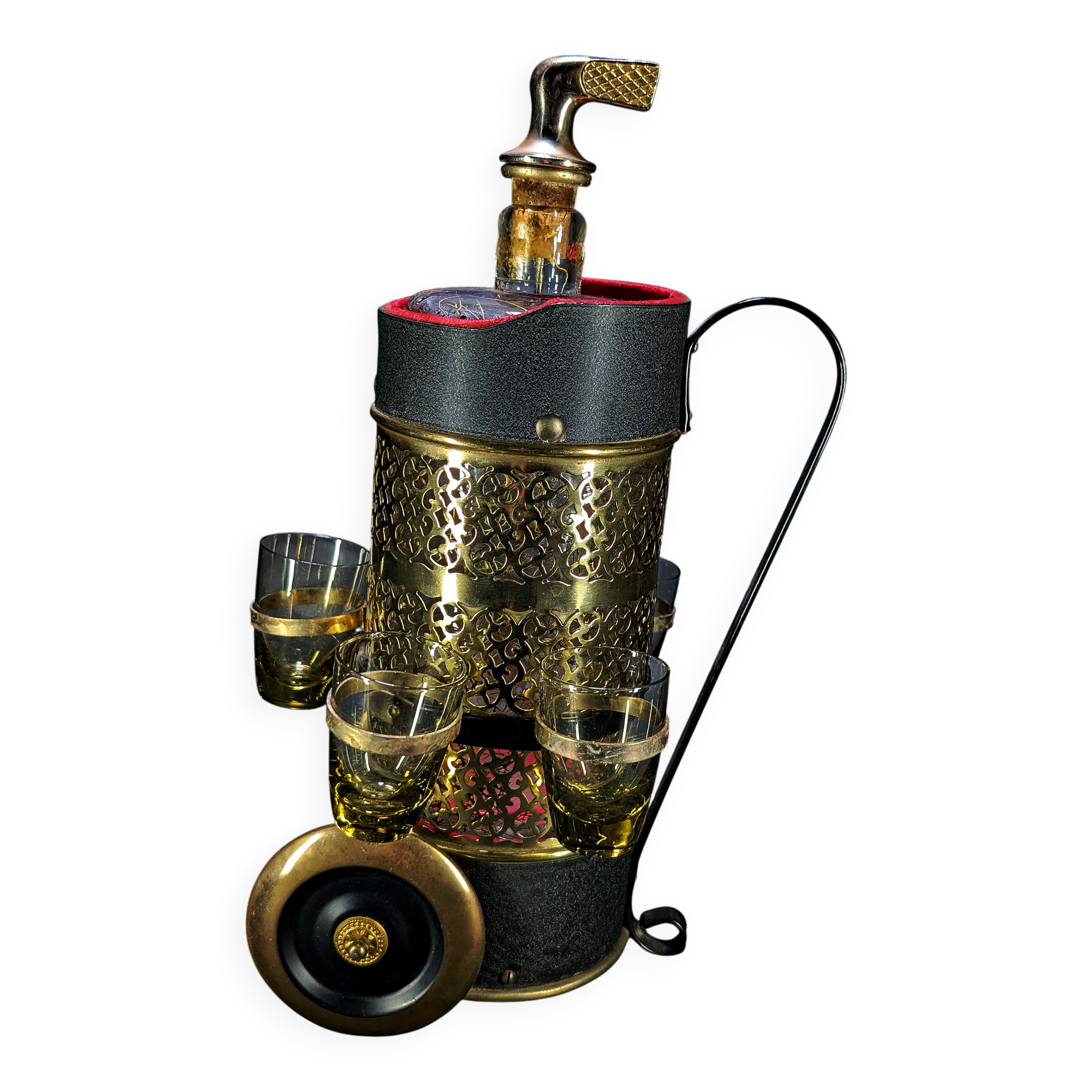 Vintage Musical Golf Caddie Cart Decanteur Art Deco 60's with 5 shots glass