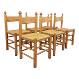 Suite of 6 vintage brutalist chairs in solid oak wood and straw from the 60s