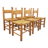 Suite de 6 chaises brutalistes vintage en bois de chêne massif et paille des années 60