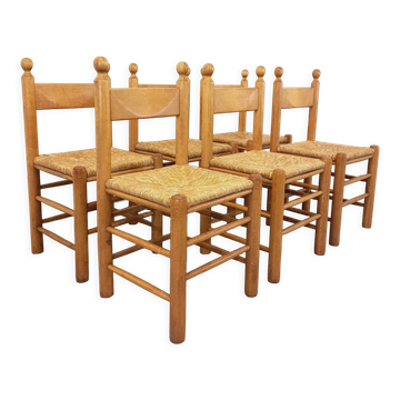 Suite of 6 vintage brutalist chairs in solid oak wood and straw from the 60s