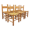 Suite de 6 chaises brutalistes vintage en bois de chêne massif et paille des années 60