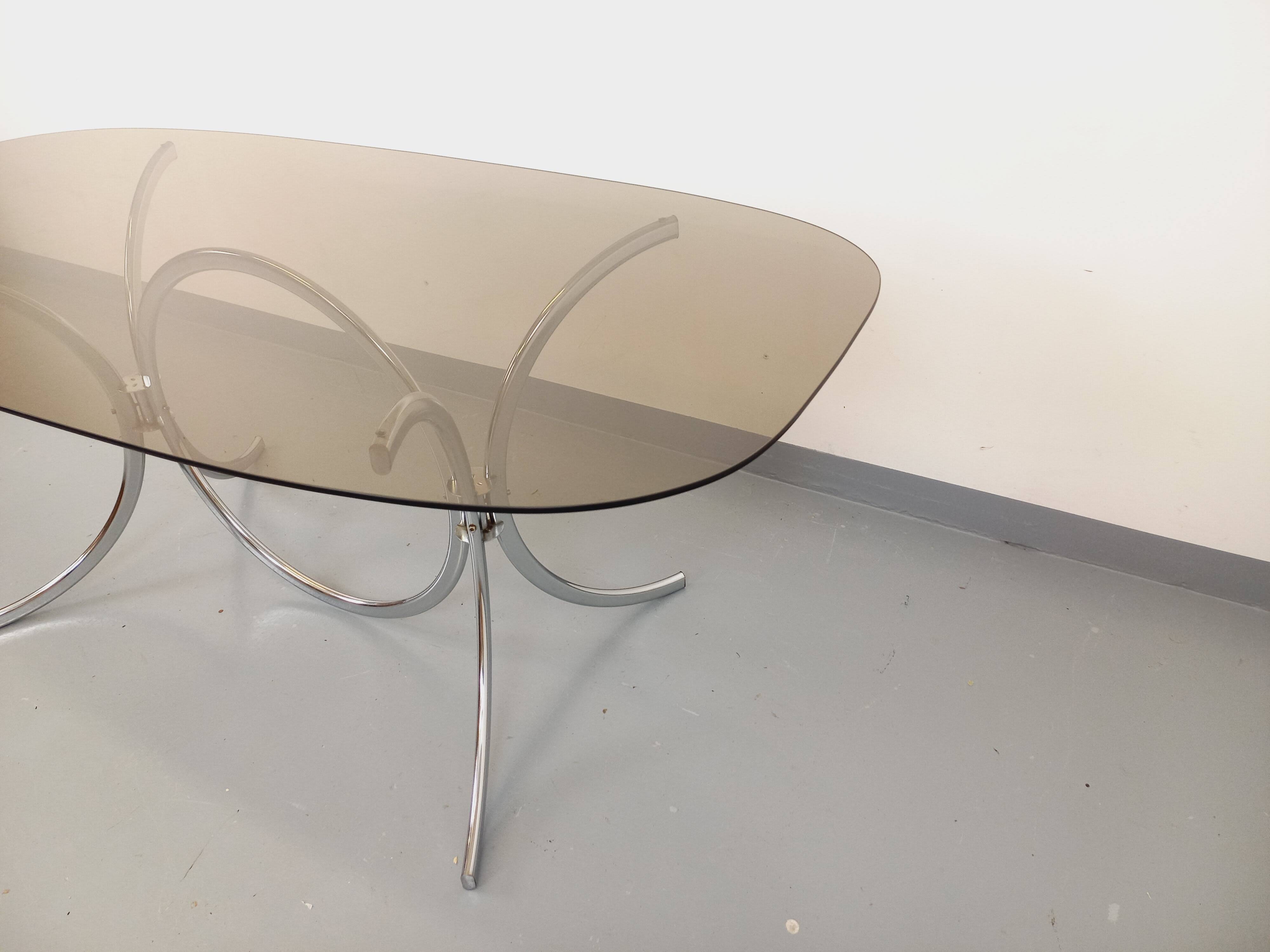 Vintage rectangular rounded dining table in smoked glass and chrome metal