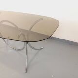 Vintage rectangular rounded dining table in smoked glass and chrome metal