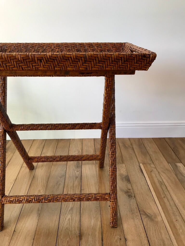 Rattan console exotic wood vintage removable tray 70s