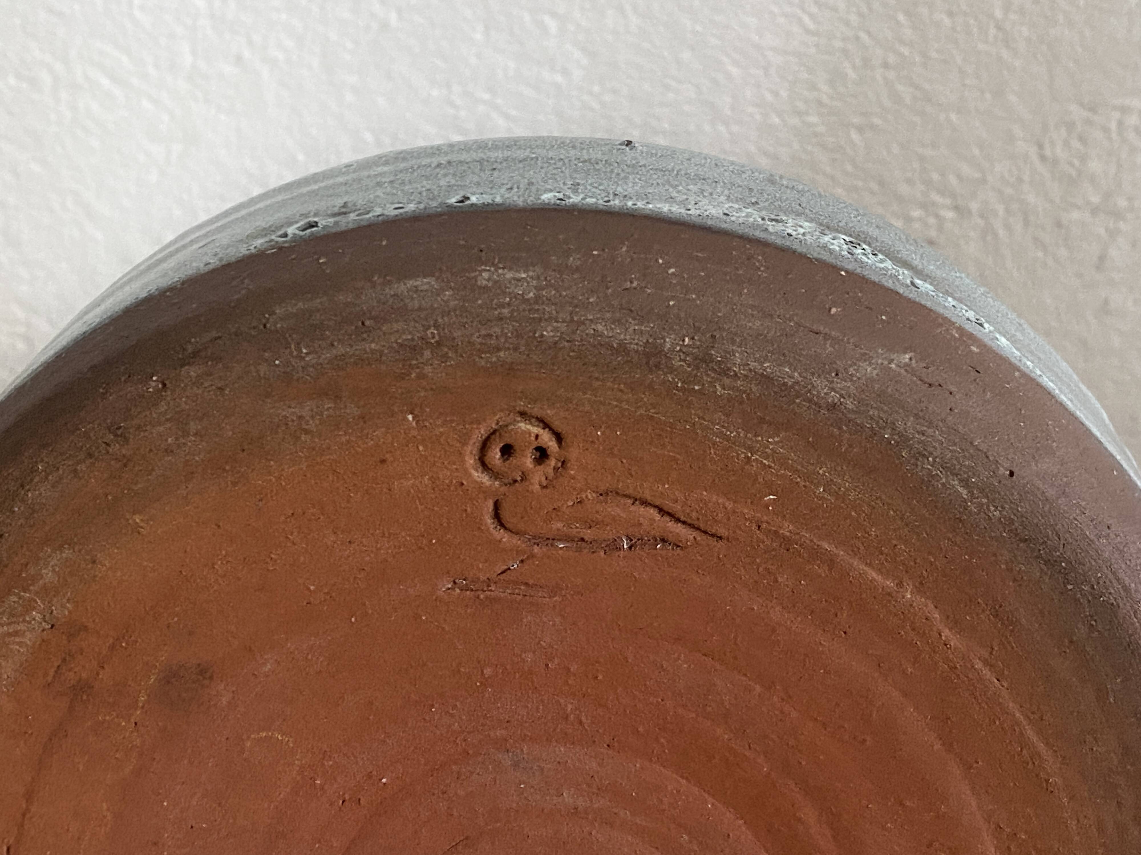 Vintage celadon blue glazed stoneware flower vase signed Pierlot at Ratilly